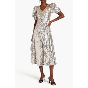 ROTATE Birger Christensen Sierina Silver Sequin Midi Dress Puff Sleeve Party Sm